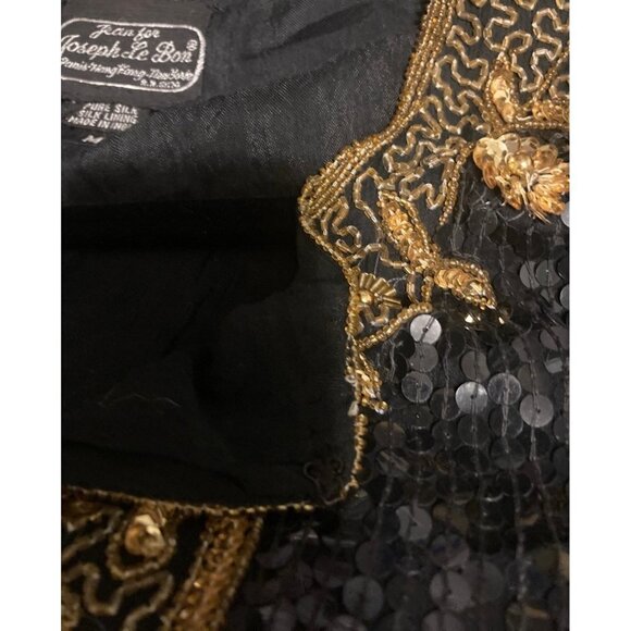 VTG Jean 4 Joseph Le Bon 100% Silk Cocktail Evening Jacket Sequin Black Gold MED - Picture 10 of 12